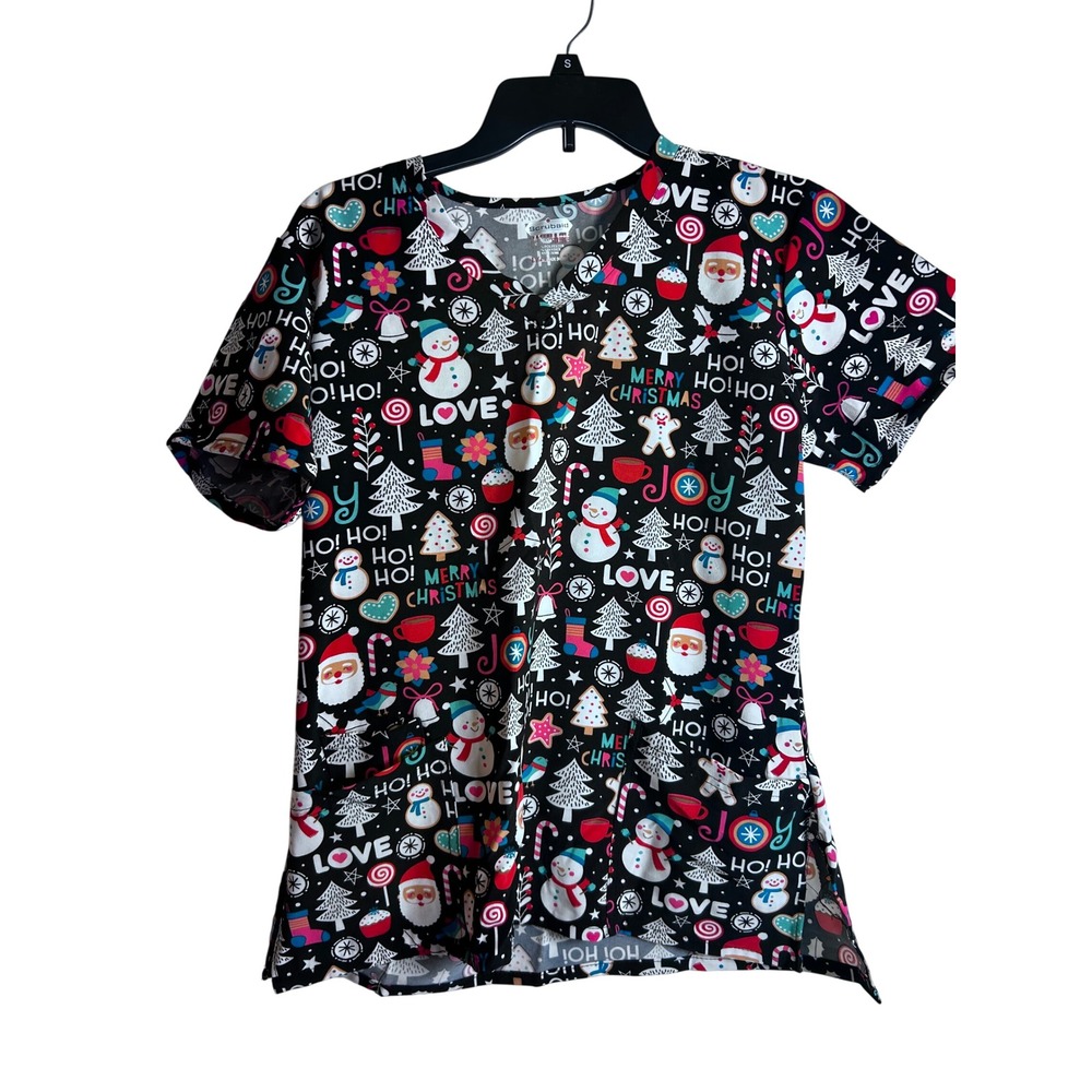 Scrubaid Scrub Top L Black Christmas Santa Snowman Stretch Women